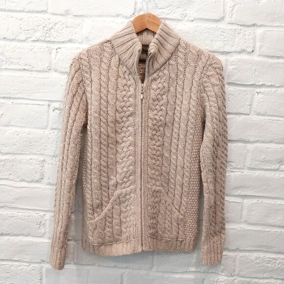 Inis Crafts Sweater Women Small Beige Wool Fisherman Cable Knit Zip Cardigan. - Picture 1 of 8